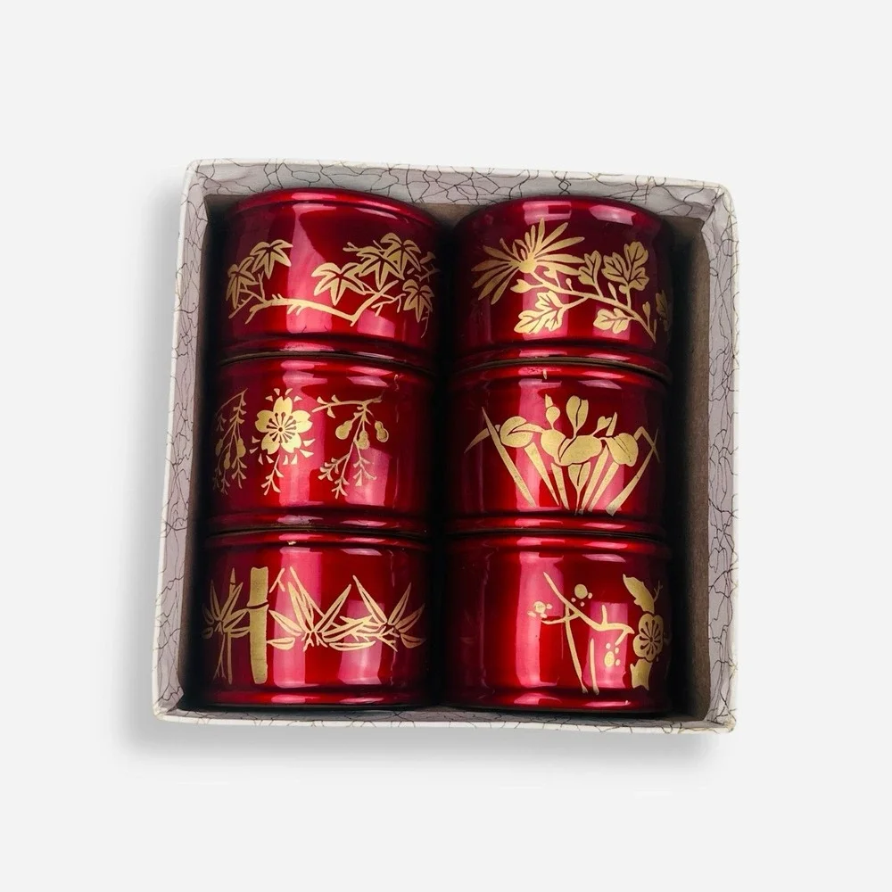 Vintage Japanese Lacquer‎ Ware Napkin Rings Set 6 Red Gold Amita Tokyo Japan
